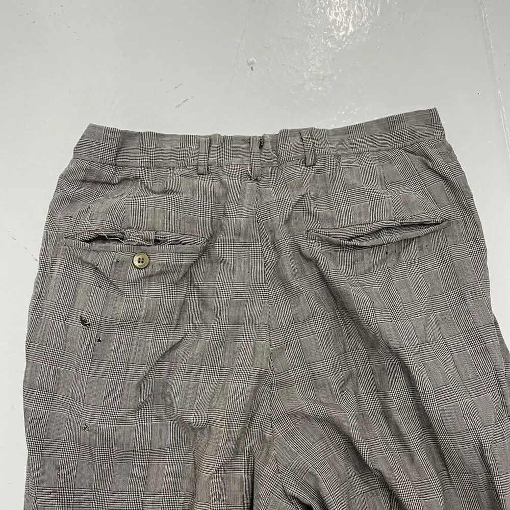 Vintage 50s Grey Plaid Polyester Pleated Trousers 29x28
